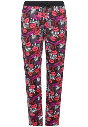 Sorte joggerbukser med et mix af farverige læber, graffiti-tekst og mønstre, med en elastisk talje og snøre til justering.