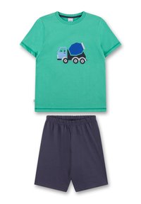 Grünes Baumwoll-T-Shirt mit einem Truck-Graphic, kombiniert mit navy-blauen Shorts. Das T-Shirt hat einen Rundhalsausschnitt und kurze Ärmel; die Shorts verfügen über einen elastischen Bund.