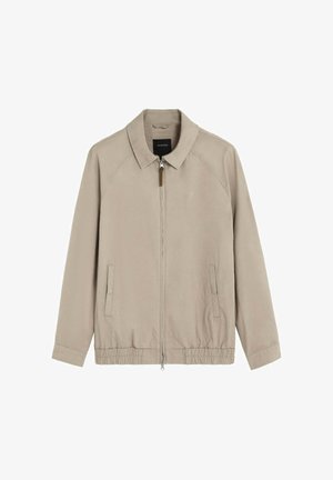 Veste légère beige avec fermeture éclair sur le devant, col, ourlet élastique et deux poches sur les côtés. Présente une texture lisse et des manches raglan.