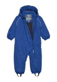 Niebieski wodoodporny kombinezon jednoczęściowy z elastycznymi mankietami, kapturem i suwakiem z przodu. Posiada białe lamówki i wzmocnienia przy kostkach.
