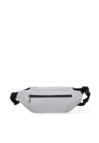 Fanny pack in tessuto bianco con cerniera nera e tracolla regolabile. Presenta un design elegante e curvo, con una texture liscia e dettagli minimi.