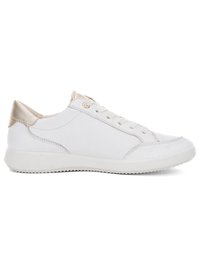 White low-top sneaker with beige heel patch, white laces, and a textured rubber sole viewed from the outer side.