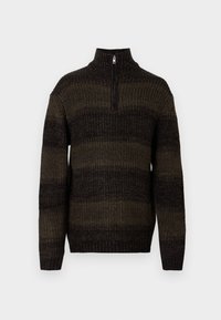 Gestrickter Pullover in Dunkelgrün mit schwarzen Streifen, verfügt über einen hohen Kragen mit Reißverschluss, gerippte Ärmelbündchen und eine lockere Passform.