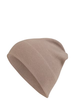 Light brown, knit beanie with a soft texture and seamless design. Features a slouchy silhouette, tapering toward the top.