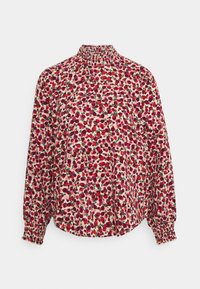 Långärmad blus i lätt tyg, med hög krage, rosa bas och ett blommönster med röda och gröna accenter.