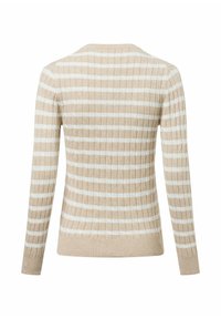 Beige Ripp-Pullover mit horizontalen weißen Streifen, Rundhalsausschnitt und langen Ärmeln. Weiche Textur und figurbetonte Silhouette. Keine sichtbaren Beschläge.