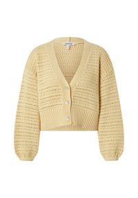 Beige Häkelstrickjacke mit langen Ballonärmeln, drei vorderen Knöpfen, V-Ausschnitt und geripptem Taillenbund.