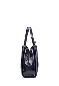 Borsa a spalla sintetica di colore blu navy con finitura lucida, forma affusolata, doppie spalline e chiusura centrale con zip rifinita in oro.