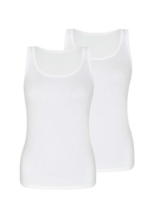 Zwei schlichte weiße ärmellose Tanktops mit rundem Ausschnitt, nebeneinander auf weißem Hintergrund gezeigt.