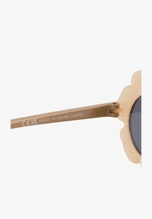 Bruna plastsol Glasögon med runda, blommiformade bågar och mörka linser. Bågarna har en slät yta med präglad text.