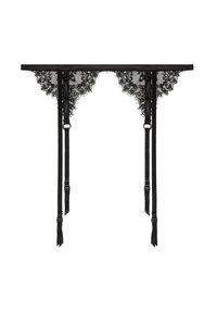 Svart spetsstrumpbälte med intrikata blommönster, justerbara band och en slät satinmidja. Texturerad spetsttrim längs kanterna.