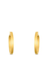 Pendientes de aro de oro con un acabado mate suave, que presentan una forma circular y un diseño de cierre seguro. Apariencia simple y minimalista.