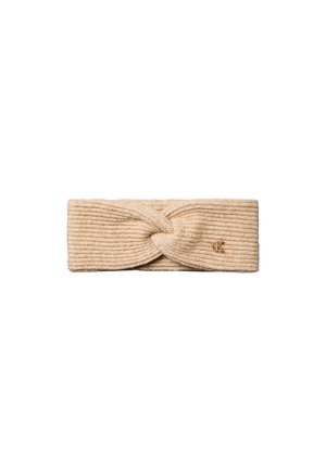 Bandeau beige en maille côtelée avec un nœud torsadé et un petit logo métallique sur un côté.