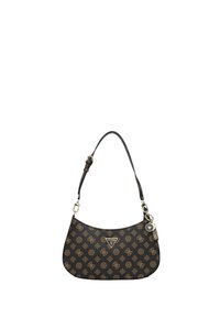 Borsa a tracolla nera in materiale sintetico con hardware dorato, caratterizzata da un motivo a logo ripetuto, forma curva e una singola tracolla regolabile.