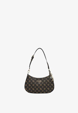 Borsa a tracolla nera in materiale sintetico con hardware dorato, caratterizzata da un motivo a logo ripetuto, forma curva e una singola tracolla regolabile.