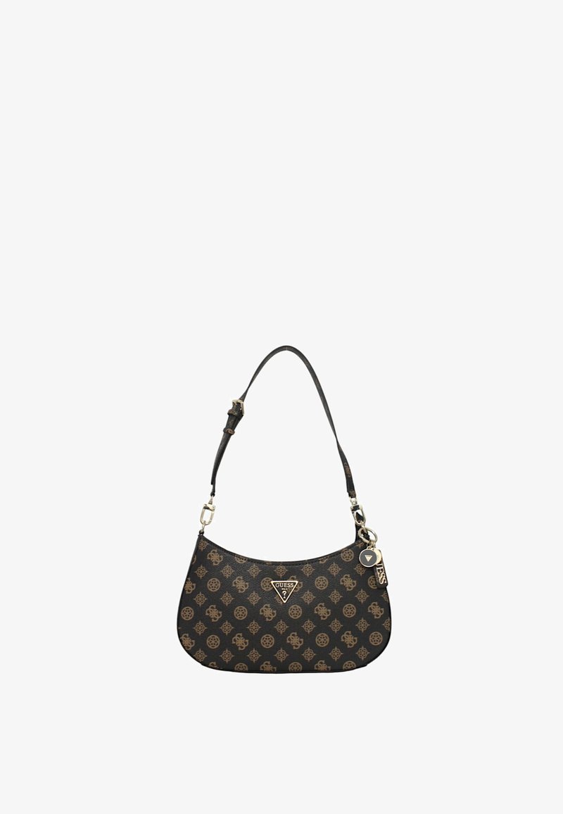 Borsa a tracolla nera in materiale sintetico con hardware dorato, caratterizzata da un motivo a logo ripetuto, forma curva e una singola tracolla regolabile.