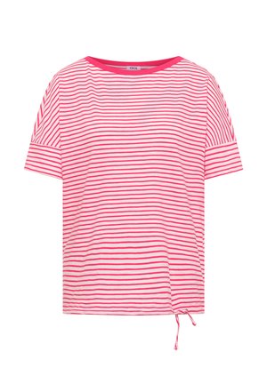 T-shirt à manches courtes rayé rose et blanc avec un col rond et un cordon réglable à l'ourlet.