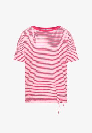 Kortærmet pink og hvidstribet t-shirt med rund halsudskæring og justerbar snøre-detalje forneden.