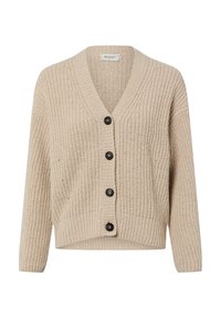 Beżowy sweter na drutach z dekoltem w serek, z pięcioma czarnymi guzikami z przodu i prążkowanym wzorem. Krótszy fason z długimi rękawami.