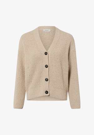 Beżowy sweter na drutach z dekoltem w serek, z pięcioma czarnymi guzikami z przodu i prążkowanym wzorem. Krótszy fason z długimi rękawami.