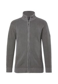 Grau gerippter Strick-Cardigan mit Reißverschluss, hohem Kragen und langen Ärmeln, dargestellt vor einem schlichten weißen Hintergrund.