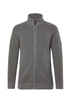 Cárdigan gris de punto acanalado con cremallera, cuello alto y mangas largas, mostrado sobre un fondo blanco liso.