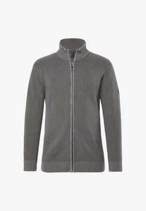 Grau gerippter Strick-Cardigan mit Reißverschluss, hohem Kragen und langen Ärmeln, dargestellt vor einem schlichten weißen Hintergrund.