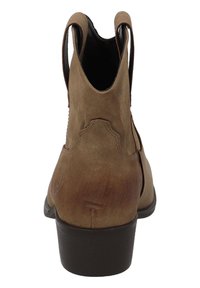 Botines de ante marrón con punta redondeada, lados expuestos y un tacón bajo y apilado. Presentan un sutil bordado y una textura suave.