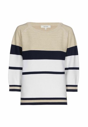 Gebreide trui met crèmekleurige, marineblauwe en witte strepen, driekwartmouwen en een ronde hals, maat 36.