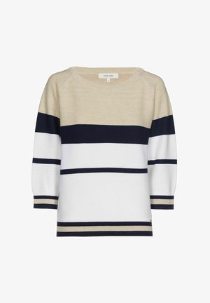 Cream, navy, and white striped knit sweater with three-quarter sleeves and a round neckline, size 36.
