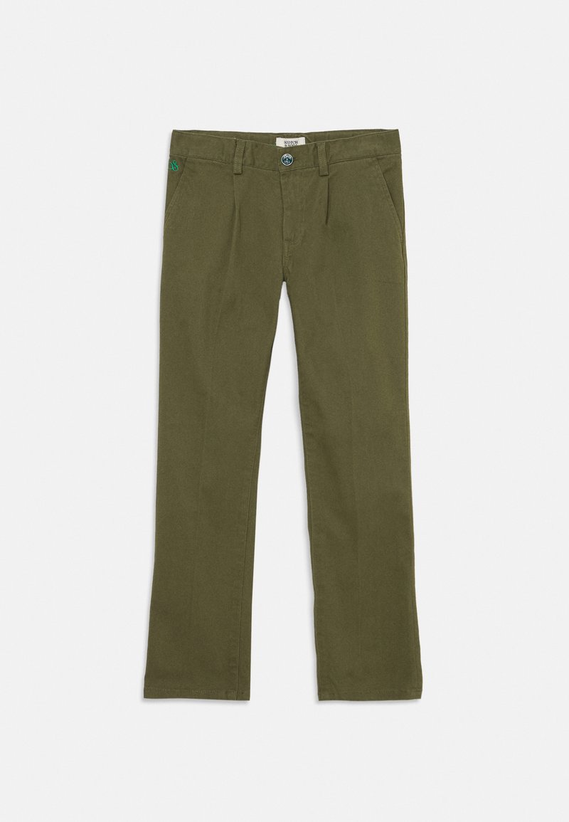Khaki zielone chinosy o prostym kroju, wykonane z materiału bawełnianego, z przednimi kieszeniami i zapięciem na guzik. Prosty design, bez wzorów.