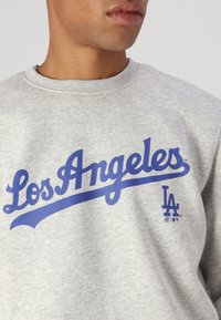 Gray sweatshirt with blue "Los Angeles" text. Features ribbed crew neck and soft texture. Logo printed on the left side below the text.