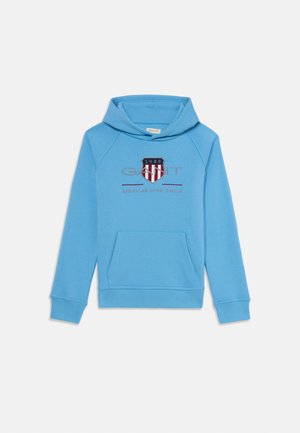 Lichtblauwe hoodie van een katoenmix. Beschikt over een voorste kangaroozak, ribbelmanchetten en een logopatch met rode en marineblauwe strepen.