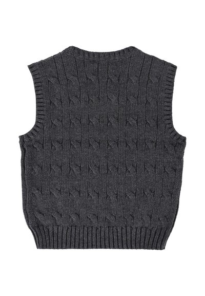 Szary, bezrękawnik z dzianiny w warkocze, z prążkowanym kołnierzem i dołem. Posiada teksturowane wzory w całym materiale, co dodaje głębi.
