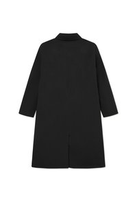 Svart frakk med lange ermer, knapp-ned krage, middels lengde, glatt stoff, detalj med splitt bak, minimalistisk design, ingen synlig maskinvare.