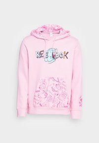 Rosa huvtröja med en tecknad design på bröstet och en mönstrad känguruficka. Mjuk tyg med dragsko i huooden.