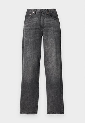 Melnas taisna piegriezuma džinsa bikses ar augstu jostasvietu, priekšējām un aizmugurējām kabatām, jostu cilpām un redzamu šuvju detaļām.