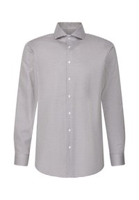 Camicia a maniche lunghe da uomo con un piccolo motivo geometrico bianco e nero e colletto classico su sfondo bianco.