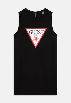 Sort ærmeløs tanktop med et rødt og hvidt trekantslogo, der indeholder ordene "GUESS", "BEACH" og et rødt palmetræ.