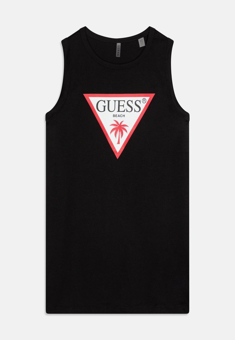 Débardeur noir sans manches avec un logo triangulaire rouge et blanc comprenant les mots « GUESS », « BEACH » et un palmier rouge.