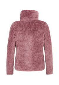 Felpa rosa pelosa con colletto alto e maniche lunghe. Texture morbida con un colore uniforme, senza hardware visibili o decorazioni.