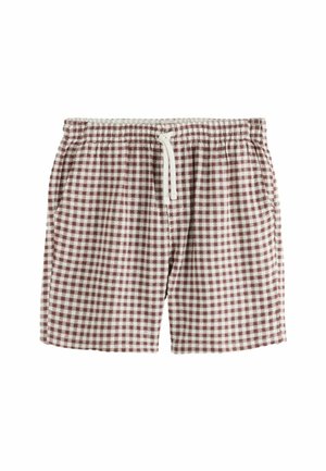 Brune og hvide ternede shorts med elastisk talje og hvid snøre, med sidelommer.