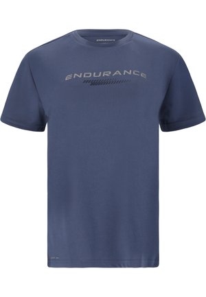 T-shirt à manches courtes bleu marine en tissu léger, arborant un logo imprimé "ENDURANCE" et un design à lignes horizontales sur le devant.