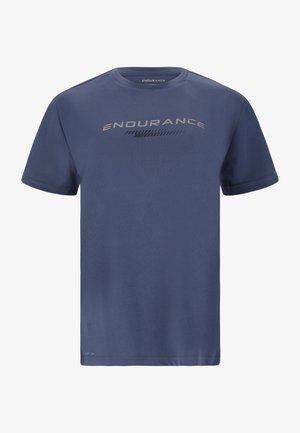 Marineblå kortærmet t-shirt lavet af let materiale, med et trykt "ENDURANCE" logo og design med vandrette linjer på forsiden.