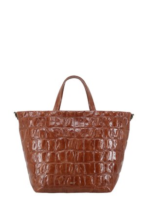 Brown leather tote bag with crocodile texture, two handles, and a spacious open top.