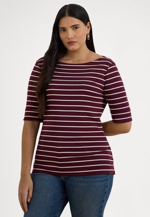 STRIPED STRETCH COTTON BOATNECK TEE - T-Shirt print - dark garnet/mascarpone cream