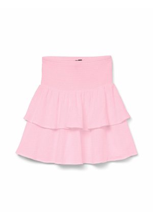 Mini-jupe rose à couches avec taille haute élastique, en tissu léger et texturé, présentée sur fond blanc.