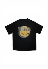 Black cotton t-shirt featuring a yellow and gray smiley face design with the text "NIRVANA" in bold, distressed lettering above.