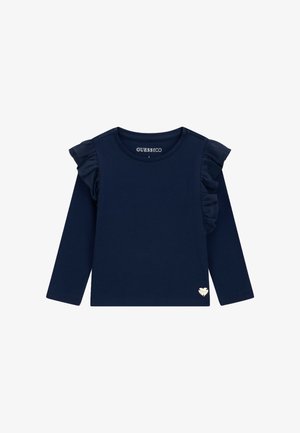 Marineblaues Langarm-Kinderhemd mit gerafften Schulterdetails und kleinem herzförmigem Metall-Brandlogo nahe dem Saum.