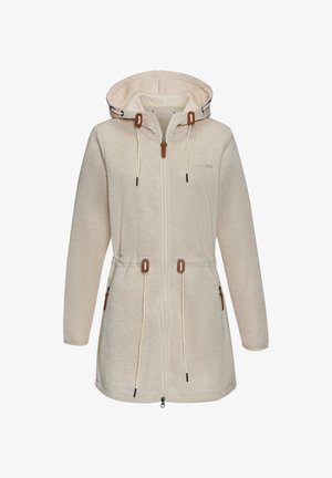Beige Zip-Jacke mit Kapuze, Kordelzügen und braunen Akzenten. Verfügt über einen strukturierten Stoff und einen verstellbaren Bund für eine maßgeschneiderte Passform.